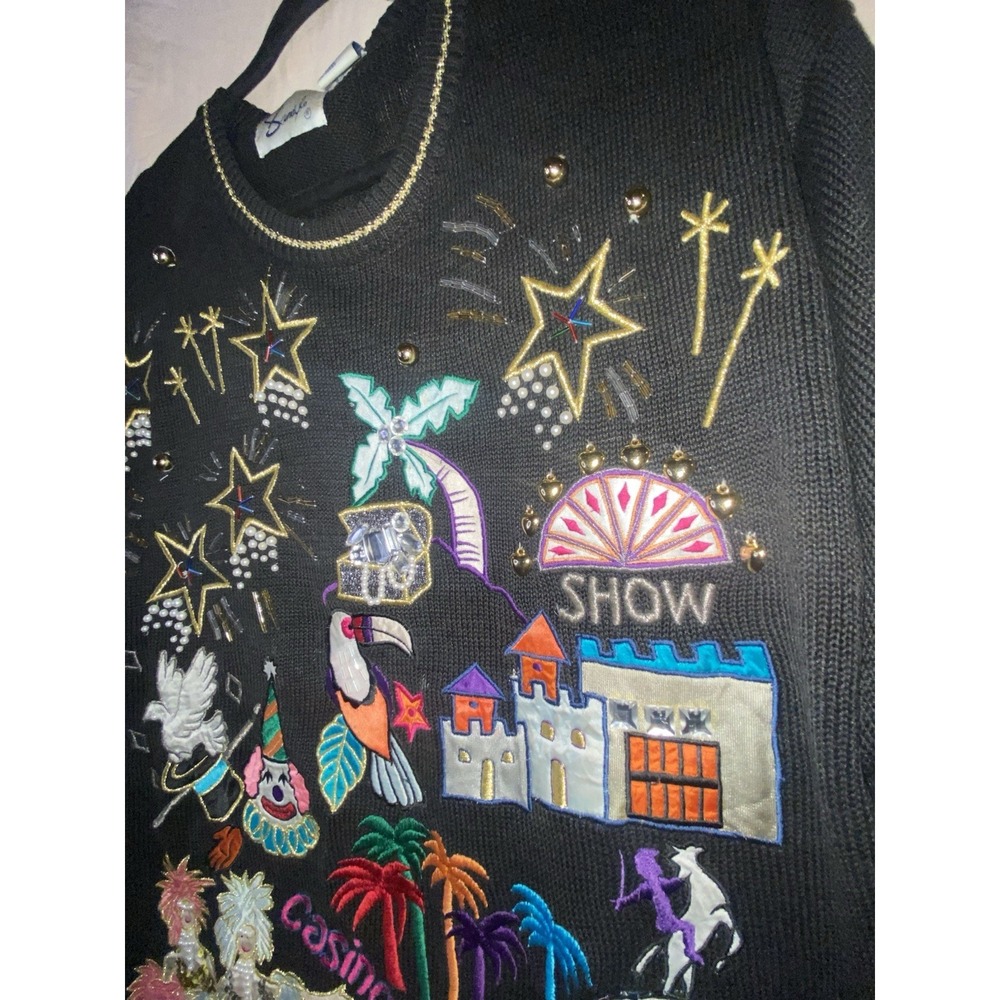 Vintage Las Vegas Casino Novelty Knit Sweater Black Embroidered One Size - Picture 4 of 12